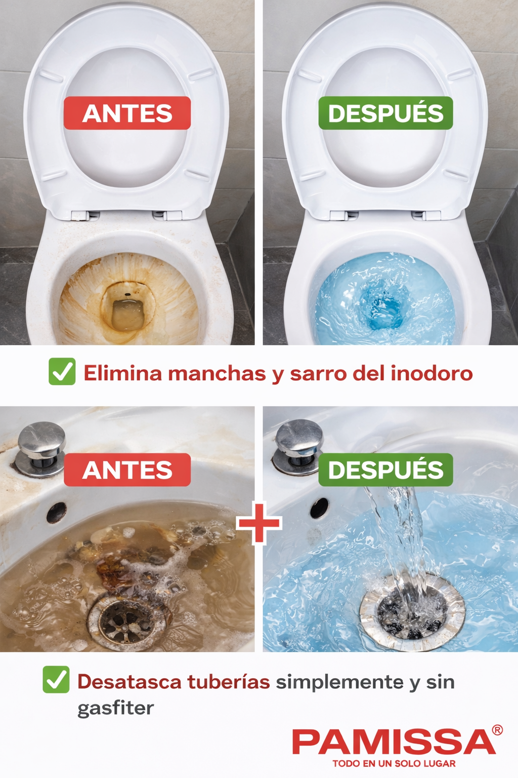 KIT LIMPIEZA DE BAÑO PAMISSA  – ELIMINA OLORES, SARRO Y AYUDA A DESTAPAR CAÑERÍAS